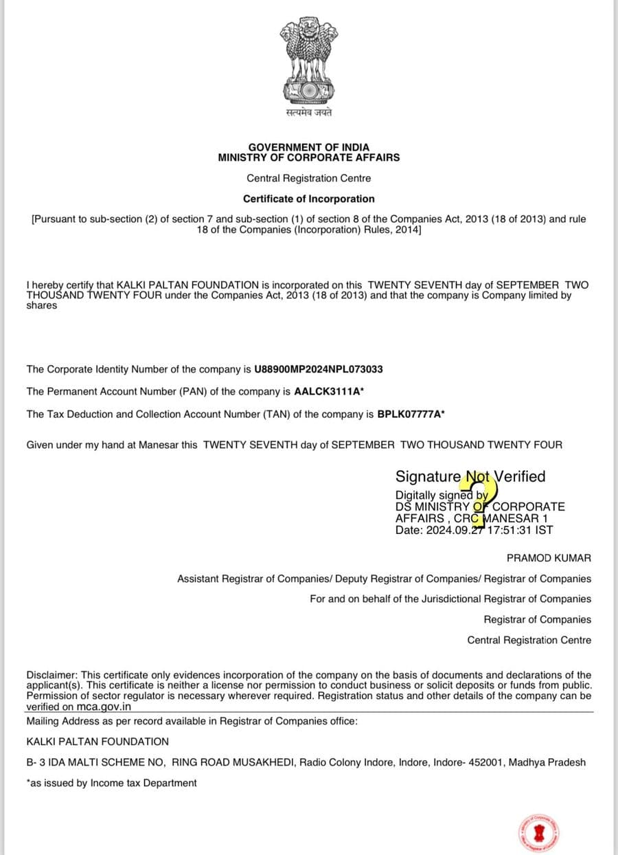 Kalki Paltan Foundation registration certificate